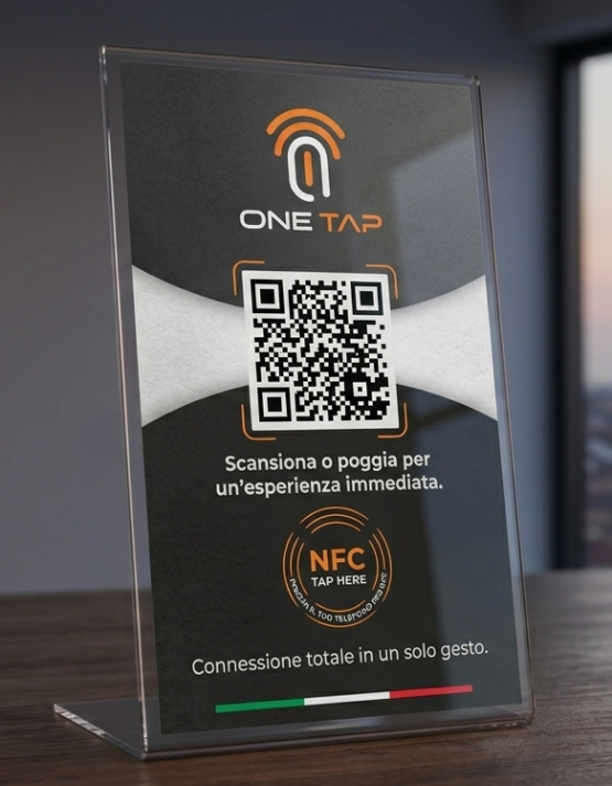 Stand NFC e QR OneTap in plexiglass con QR code e simbolo NFC